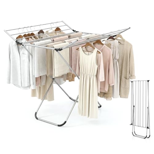 Tangkula Collapsible X-Shaped Freestanding Clothes Drying Rack | Sturdy Aluminum Frame | 2 Foldable Wings & 14 Drying Poles | Space-Saving | for Laundry Room, Balcony, Patio
