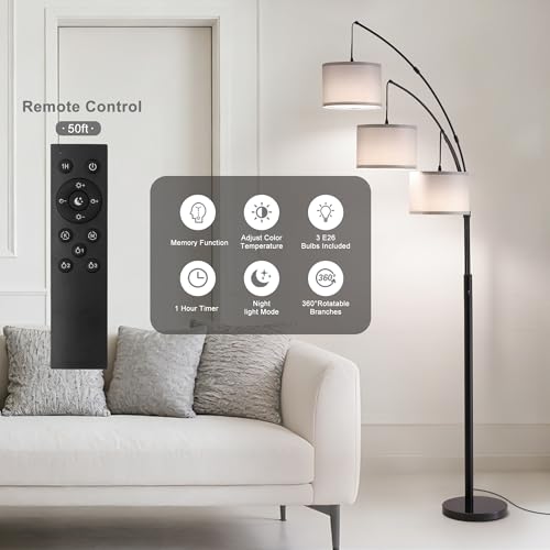 Floor lamp with Remote, 3 Light Arc Floor Lamps for Living Room, 2400LM Tall Standing Floor Lamps with Gray Shades, 80" Large Floor Lamp for Bedroom, Office - color: Black-Gray Shade, size: 3