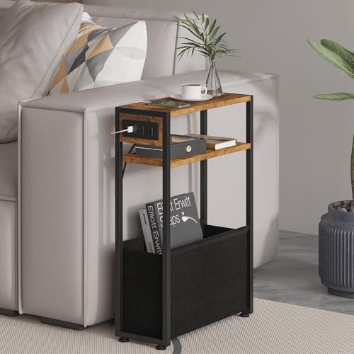 Leomonio Narrow Side Table, Slim End Tables with Fabric Basket, Skinny Table for Small Spaces, Thin Bedside Table for Living Room, Bedroom (1, Rustic Brown - Outlet) - color: Rustic Brown - Outlet