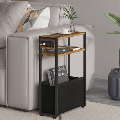 Leomonio Narrow Side Table, Slim End Tables with Fabric Basket, Skinny Table for Small Spaces, Thin Bedside Table for Living Room, Bedroom (1, Rustic Brown - Outlet) - color: Rustic Brown - Outlet
