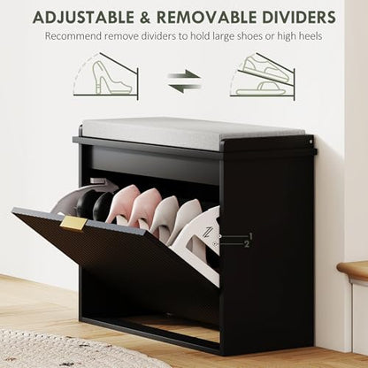 HOMCOM Narrow Shoe Bench with Padded Cushion 24.4x10.2x18.7 Inches Black | Shoe Storage Cabinet, Flip-Drawer, Adjustable Shelf, Small Entryway Bench, Holds up to 265lb - color: Black, size: 24.4" x 10.2" x 18.7"