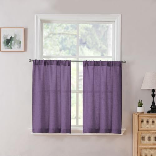 Tollpiz Short Linen Tier Curtains Rod Pocket Semi Sheer Half Kitchen Curtain Burlap Light Filtering Thick Linen Drapes for Bathroom, 30 x 24 inches Long, Royal Purple, Set of 2 Panels - color: Royal Purple, size: 30"W x 24"L (Pack of 2)