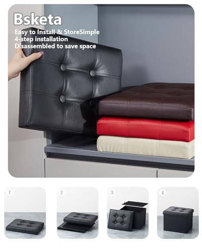 Bsketa 2PC Storage Ottoman, Folding Foot Stool with Thicker Foam Padded Seat Small Leather Storage Ottoman Bench Foot Rest for Living Room Foldable Coffee Table 17x13x13in,Black | Ottoman with Storage, Thicker Foam Padded Seat, Living Room, Dorm, Bedroom,
