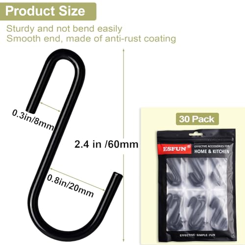 ESFUN 30 Pack 2.4 inches S Hooks for Hanging on Wire Shelves, Black S Shaped Hanging Hooks Hangers Pan Holder Pot Wire Rack Hooks for Kitchenware Spoons Pans Pots Utensils Jeans Bags Towels Plants, - size: 2.4 inch