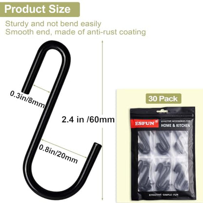 ESFUN 30 Pack 2.4 inches S Hooks for Hanging on Wire Shelves, Black S Shaped Hanging Hooks Hangers Pan Holder Pot Wire Rack Hooks for Kitchenware Spoons Pans Pots Utensils Jeans Bags Towels Plants, - size: 2.4 inch