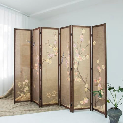 6 Panel Bamboo Room Divider, Freestanding Folding Privacy Screen | 5.6 ft Bamboo Print Screen, Divider for Room Separation, Foldable Panel Screen, Double-Sided Colourful Plum Design - color: Colourful Plum, size: 6 Panel