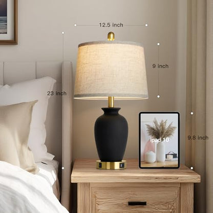 23" Set of 2 Black Ceramic Farmhouse Table Lamp with Ginger Jar Design, Bedside USB Lamps for Living Room,Dining Room,Bedroom,Office,Nightstand,End Table - color: Black