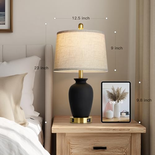 23" Set of 2 Black Ceramic Farmhouse Table Lamp with Ginger Jar Design, Bedside USB Lamps for Living Room,Dining Room,Bedroom,Office,Nightstand,End Table - color: Black