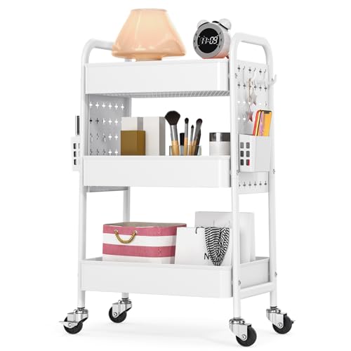 TOOLF Metal Rolling Storage Cart, 3-Tier Utility Mobile Cart with DIY Pegboards, Serving Trolley Cart with Baskets Hooks, for Kitchen, Bathroom, Office, Home, Classroom (Light White) - color: Light White