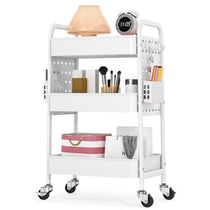 TOOLF Metal Rolling Storage Cart, 3-Tier Utility Mobile Cart with DIY Pegboards, Serving Trolley Cart with Baskets Hooks, for Kitchen, Bathroom, Office, Home, Classroom (Light White) - color: Light White