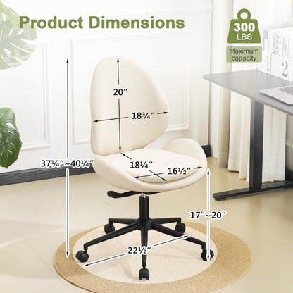 Armless Office Chair with Wheels, Luxury Chenille Swivel Desk Chair with Ergonomic Curved Teardrop Back, Double-Layer Seat, Modern Vanity Chair for Makeup, Home Office, Cream White - color: Cream White, size: Teardrop Back