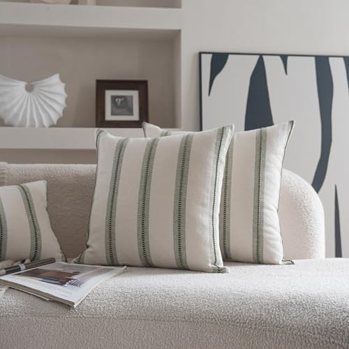 Cethom Boho Throw Pillow Covers 18x18 Set of 2, Olive Green Striped Decorative Pillow Cases for Couch Chair Bed, Textured Farmhouse Modern Accent Cushion Covers for Living Room Bedroom Sofa Home Decor - color: Olive Green, size: 18" x 18" (Pack of 2)