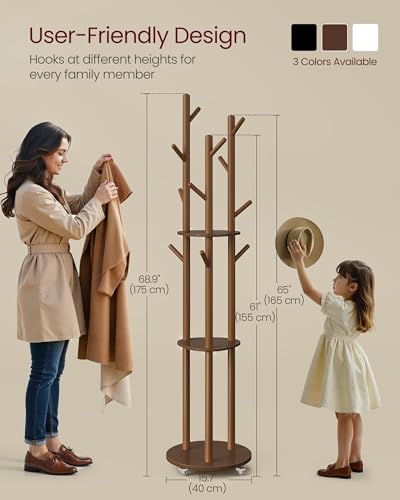 VASAGLE Freestanding Coat Rack Stand, Coat Tree with 11 Hooks, 3 Shelves, 4 Removable 360° Swivel Wheels, Wooden Hooks and Poles, for Entryway, Bedroom, Living Room, Walnut Brown URCR023K01 - color: Walnut Brown