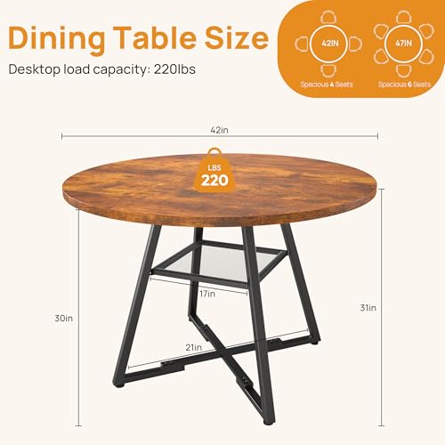 Alpen 42" Round Dining Table for 4-6, Farmhouse Kitchen Table with Storage Shelf, Wood Circle Table with Pedestal Metal Frame, Small Space Table for Apartment, Dining Room, Vintage Brown - color: Rustic Brown, size: 42 Inches