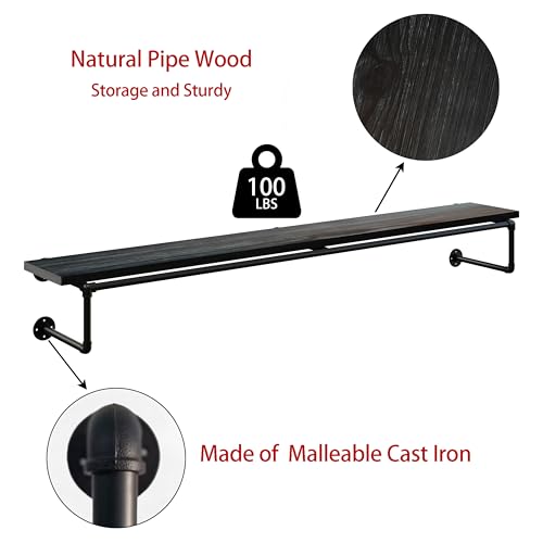 Clothes Rack 70in, Wall Mounted Garment Racks with Real Black Wood Shelf, Heavy Duty Hanging Clothes Rack, Multi-Purpose Hanging Rod, Space-Saving Closet Storage - color: Black, size: 1T70IN