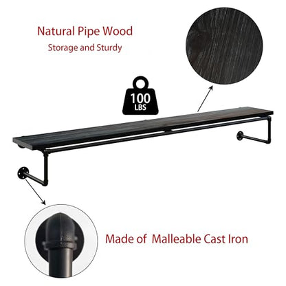 Clothes Rack 70in, Wall Mounted Garment Racks with Real Black Wood Shelf, Heavy Duty Hanging Clothes Rack, Multi-Purpose Hanging Rod, Space-Saving Closet Storage - color: Black, size: 1T70IN