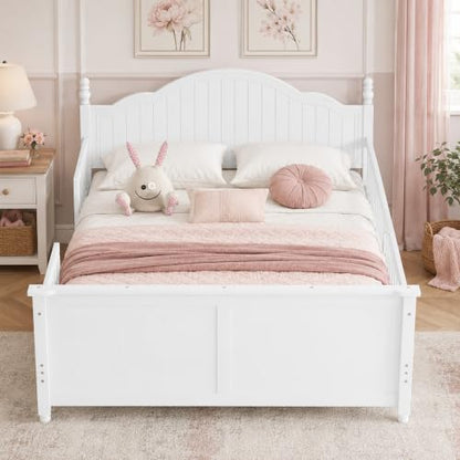 Full Size Kids Bed Frame with Removable Guardrails, Low Profile, White | 3 guardrail setups: all installed, front removed or all removed; 8 slats; 6-inch mattress sold separately; no box spring - color: White, size: Full