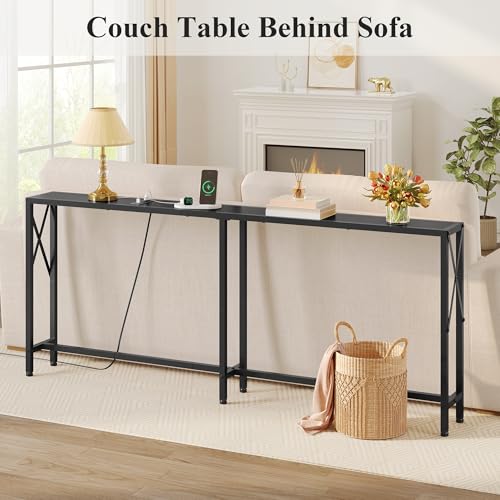 Gewudraw 70" Sofa Table Behind Couch with Socket-Narrow Console Table,Black | Industrial Style, Long Skinny Design,Couch Table For Hallway,Living Room,Bedroom, Built-In Power Outlets & USB, 172cm Length - color: Black, size: 70 in