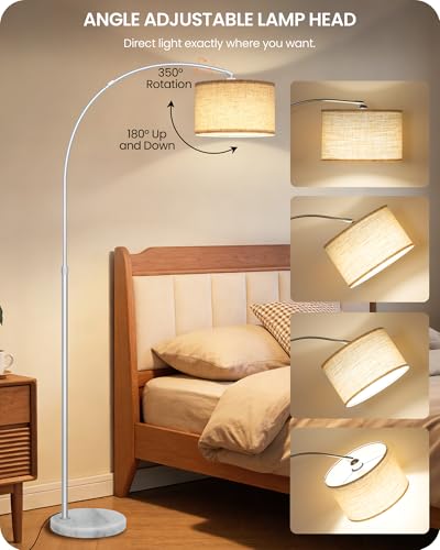 75" Arc Floor Lamp with Marble Base and Adjustable Height, Rotating Hanging Shade, Dimmable Floor Lamp for Living Room with Remote and Foot Switch, 3CCT, Beige Shade and Silver Pole SE15LD05N1 - color: Silver + Beige