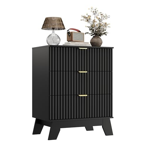 Black Night Stand with 3 Drawers, Bedside Table & End Table, 24" Wide Mid Century Modern Fluted Wood Nightstand with Metal Handles, Farmhouse Night Stands for Bedroom - color: Black, style: 3 Drawers