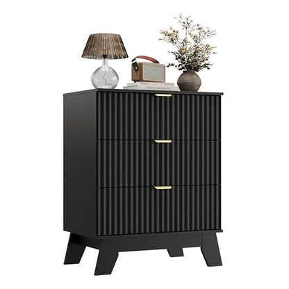 Black Night Stand with 3 Drawers, Bedside Table & End Table, 24" Wide Mid Century Modern Fluted Wood Nightstand with Metal Handles, Farmhouse Night Stands for Bedroom - color: Black, style: 3 Drawers