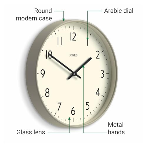 JONES CLOCKS® Studio Clock | Modern Round wall Clock | 12" | Gray | Easy to Read Numbers | Versatile Design for Kitchen, Living Room or Office - color: Pepper Grey