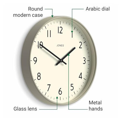 JONES CLOCKS® Studio Clock | Modern Round wall Clock | 12" | Gray | Easy to Read Numbers | Versatile Design for Kitchen, Living Room or Office - color: Pepper Grey