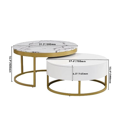 Modern Round Nesting Coffee Table with Drawers for Living Room in White - color: Golden+white