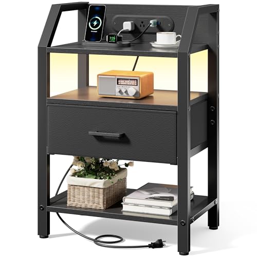 HLDIRECT Compact Nightstand with Charging Station, Warm LED Bedside Table | Fabric Drawer & Shelf, FSC Wood, 66 lbs, 18.1"W x 11.5"D x 26"H, Adjustable Feet, Compact for Small Bedroom, Dorm,Black - color: Black, size: 1 Drawer