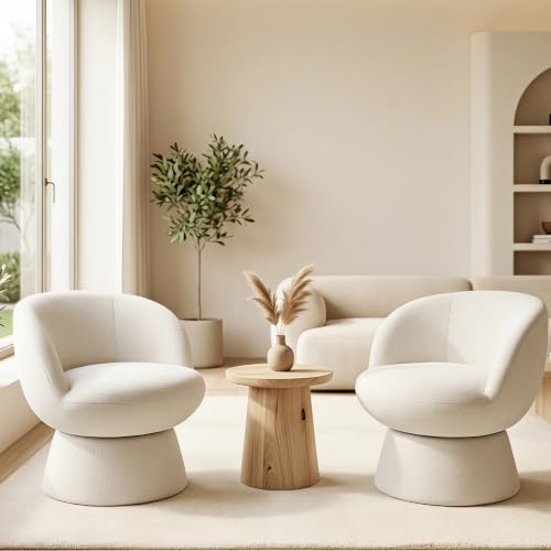 White Round Barrel Swivel Accent Chairs Set of 2, Modern Chenille Upholstered Chair with Curved Back, Bucket Vanity Armchair for Living Room, Small Space, Bedroom - color: White 02, size: 2 Chairs