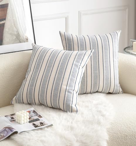 Cethom Decorative Boho Throw Pillow Covers, Farmhouse Textured Pillow Case, 18 x 18 Inch Set of 2, Chair Sofa Bedroom Living Room Home Decor Couch Cushion Case, Classic Blue and Beige Striped - color: Classic Blue, size: 18" x 18" (Pack of 2)