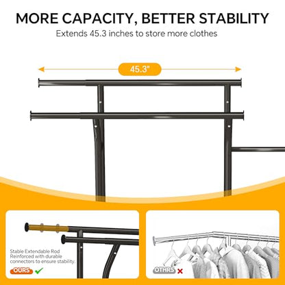 Homeiju Heavy Duty Clothes Rack Load 500LBS, Three Rods Clothing Racks for Hanging Clothes Extendable, Rolling Garment Rack with Sturdy Wheels, Basket, Storage Shelves, Black - color: Black
