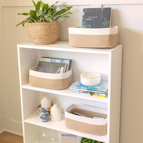 NaturalCozy 13.5”x8.5”x5.5” Storage Baskets for Shelves 3 Pack | Cotton Rope Woven Small Baskets for Organizing | Small Storage Bins for Nursery, Bathroom, Closet, Cube Shelf, Decorative, Gift - color: Off White & Tan Brown, size: 13.5" x 8.5" x 5.5"