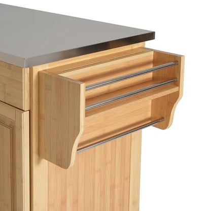 Christopher Knight Home Tredy Bamboo Rolling Cart with Drawers, Kitchen Bar Cart on Wheels with Stainless Steel Top, Rolling Kitchen Cart Storage Cabinet, Serving Cart, 50.8'' x 18.5'', Natural - size: Medium