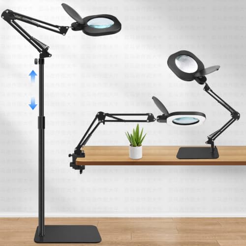 15X Magnifying Lamp with Light, 3-in-1 LED Lighted Magnifying Glass Desk Clamp Floor Stand,Optical Glass，Stepless Dimming，Lighted Magnifiers for Close Work,handicrafts, Repair,Reading, White - color: White