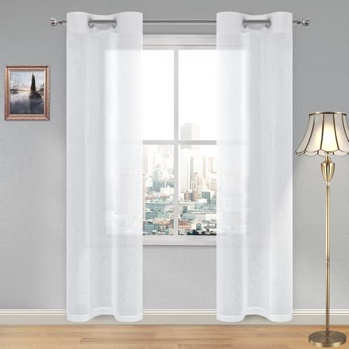DWCN White Sheer Curtains, Grommet Top Faux Linen Look Voile Semi Transparent Solid Window Sheer Curtains Drapes for Bedroom Living Room, Set of 2 Panels 28 x 84 Inch Long, White - color: White, size: 28"W x 84"L (Pack of 2)