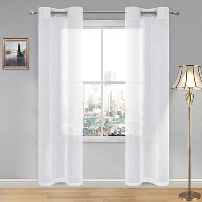 DWCN White Sheer Curtains, Grommet Top Faux Linen Look Voile Semi Transparent Solid Window Sheer Curtains Drapes for Bedroom Living Room, Set of 2 Panels 28 x 84 Inch Long, White - color: White, size: 28"W x 84"L (Pack of 2)