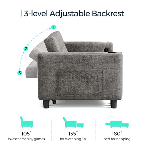 LINSY 54" Pull Out Couch with Charging Station, Small Sleeper Sofa Bed with Cup Holder, 3 in 1 Convertible Loveseat Chenille Sleeper Couch for Apartment, Dorm Room, Bedroom and Small Space, Gray