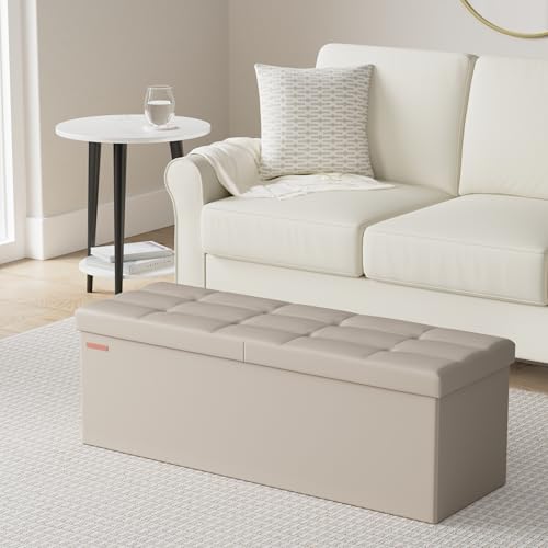SONGMICS MAZIE Collection - 43 Inches Storage Ottoman Bench with Flipping Lid, Storage Chest with Iron Frame Support, Load 660 lb, for Living Room, Bedroom, Synthetic Leather, Camel Brown ULSF075K03 - color: Camel Brown, size: 15"D x 43"W x 15"H, style: C