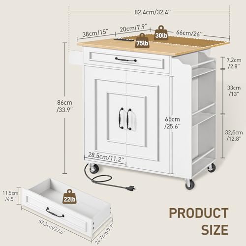 Kitchen Island with Power Outlets & Drop Leaf, Rolling Kitchen Cart on Wheels, Kitchen Storage Island with Spice Rack and Drawer, Mobile Island Table for Kitchen, Dinning, White and Natural - color: White + Natural