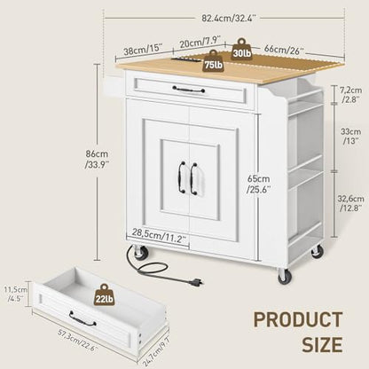 Kitchen Island with Power Outlets & Drop Leaf, Rolling Kitchen Cart on Wheels, Kitchen Storage Island with Spice Rack and Drawer, Mobile Island Table for Kitchen, Dinning, White and Natural - color: White + Natural
