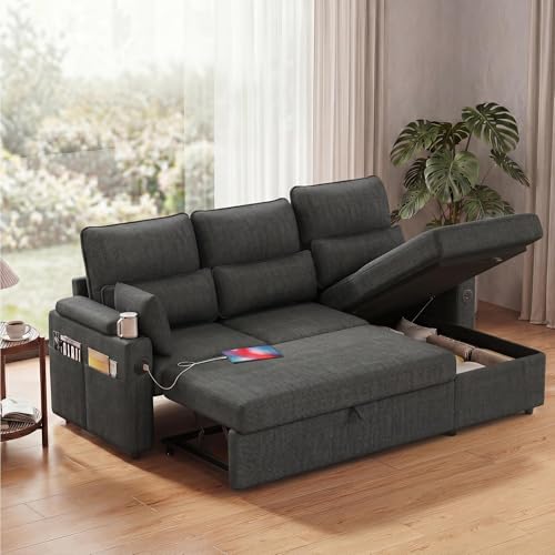 L-Sofa Bed Sleeper Pull Out with Storage Function and Two USB Ports and Cup Holder, Perfect for Small Space Modern Convertible Sofa Bed Living Room, Apartment Living Room - color: Black, size: 81'' L shape sofa