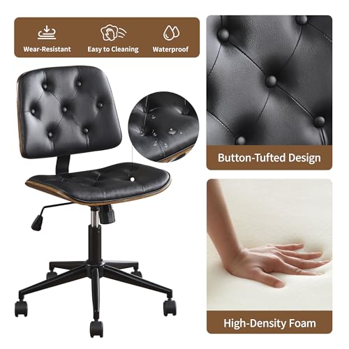 VipDesk Small Home Office Chair - Armless Mid Back Desk Chair with 360° Swivel and Wheels, PU Upholstered Height Adjustable Modern Walnut Computer Chair for Home, Office Meeting Room - Black - color: Black, size: Button Style