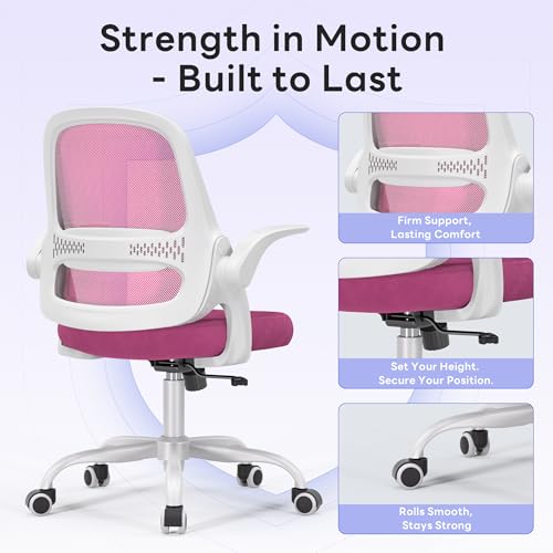 amseatec Ergonomic Mesh Desk Chair with Flip-Up Arms, Supports 300 lbs | Aerospace-grade frame, Mesh & 3" foam seat. 90-110° rocking, height adjustable, 360° swivel. - color: Pink