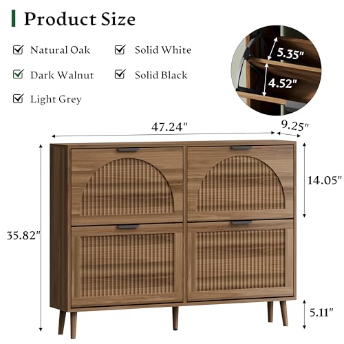 Xixini Shoe Storage Cabinet with 4 Flip Drawers, 36" Tall Narrow Wood Fluted Shoe Organizer for Entryway, Freestanding Wooden Hidden Slim Shoe Rack for Front Door Entrance, Hallway, Foyer, Dark Walnut - color: Dark Walnut, size: 4 Flip Drawers