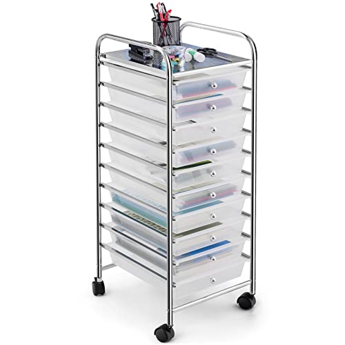 COSTWAY 10-Drawer Rolling Storage Cart, Utility Mobile Trolley | Removable Drawers & Universal Casters & 2 Brakes, Versatile Flexible Drawer Organizer Cart for Home, Office (Clear) - color: Clear, size: 13"L x 15"W x 34"H (10 Drawer)