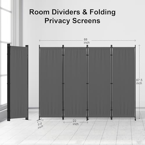 Privacy Screen Room Divider 4 Panel as Dressing Screen | Wall Room Divider w/ 3 Wider Feet Portable Wall 6FT Partition Wall for Office Dining Room Children's Separate rooms，Gray - color: Grey, size: 4 Panel Basic