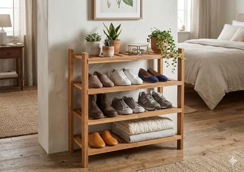 2-Tier Acacia Wood Stackable Shoe Rack - Brush Teak - color: Teak
