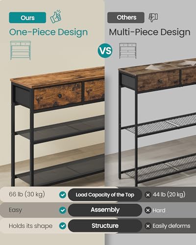SONGMICS Console Table, Narrow Sofa Table with 2 Mesh Shelves | For Entryway, Living Room, 3 Fabric Drawers, Rustic Brown, BELLAH Collection ULGS098K101 - color: Rustic Brown, size: 11.8"D x 38.9"W x 31"H (3 Drawers)