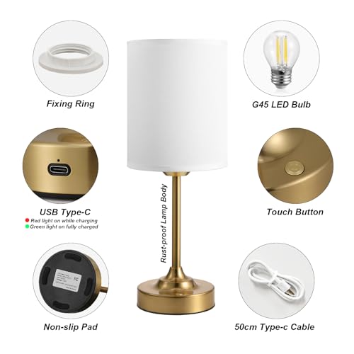 Rechargeable Table Lamp, Battery Operated, Touch Control, Brass, 1 Pack | 4000mAh Battery, USB-C Charging, 3000K Warm Light, Stepless Dimming, Brightness Memory, Up to 40 Hours, Small Table Lamp - color: White - Gold, size: 1 Pack 14.5in - Drum Shade